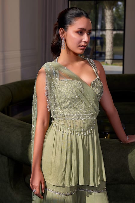 Buy Label Sanya Gulati Green Net, Georgette, Linen Crystals, Embroidery Peplum Kurta And Sharara Set Online at Aza Fashions Buy_Label Sanya Gulati_Green Net, Georgette, Linen Crystals, Embroidery Peplum Kurta And Sharara Set _Online_at_Aza_Fashions