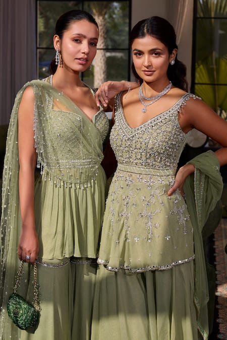 Shop Label Sanya Gulati Green Net, Georgette, Linen Crystals, Embroidery Peplum Kurta And Sharara Set Online at Aza Fashions Shop_Label Sanya Gulati_Green Net, Georgette, Linen Crystals, Embroidery Peplum Kurta And Sharara Set _Online_at_Aza_Fashions