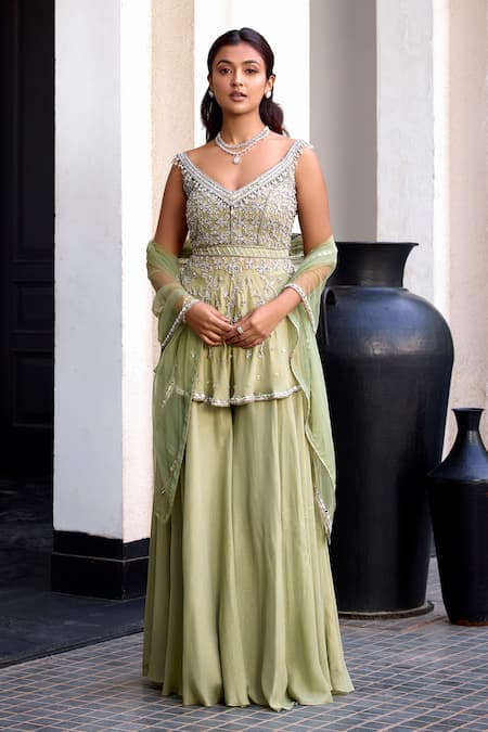 Label Sanya Gulati Green Shimmer Georgette Embroidery Sequin Broad V Neck Peplum Kurta Sharara Set 