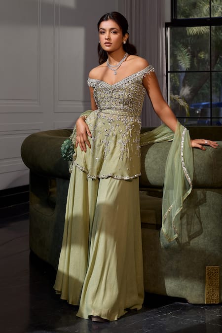 Label Sanya Gulati Green Georgette Embroidery, Sequins, Cut Work V-neck Peplum Kurta Sharara Set Online at Aza Fashions Label Sanya Gulati_Green Georgette Embroidery, Sequins, Cut Work V-neck Peplum Kurta Sharara Set _Online_at_Aza_Fashions