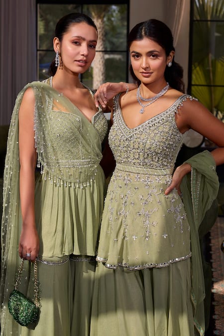 Shop Label Sanya Gulati Green Georgette Embroidery, Sequins, Cut Work V-neck Peplum Kurta Sharara Set Online at Aza Fashions Shop_Label Sanya Gulati_Green Georgette Embroidery, Sequins, Cut Work V-neck Peplum Kurta Sharara Set _Online_at_Aza_Fashions