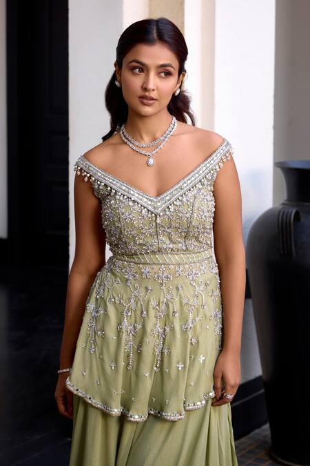 Buy Label Sanya Gulati Green Georgette Embroidery, Sequins, Cut Work V-neck Peplum Kurta Sharara Set Buy_Label Sanya Gulati_Green Georgette Embroidery, Sequins, Cut Work V-neck Peplum Kurta Sharara Set