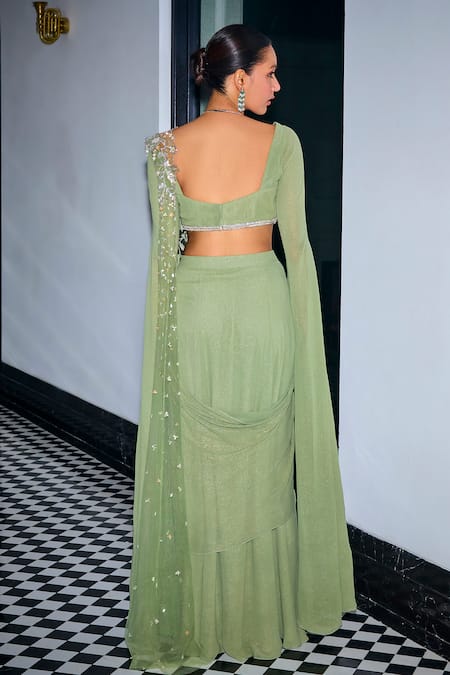 Shop_Label Sanya Gulati_Green Net, Georgette, Linen Cut Work, Embroidered Pre-stitched Saree With Blouse _at_Aza_Fashions