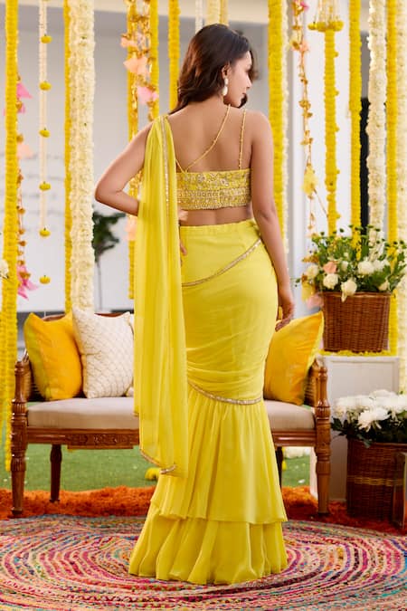 Label Sanya Gulati Pre-Draped Saree With Embroidered Bustier 