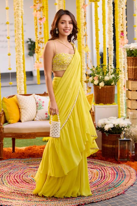 Buy_Label Sanya Gulati_Yellow Georgette, Linen Sequins, Cut Pre-draped Saree With Embroidered Bustier _Online_at_Aza_Fashions
