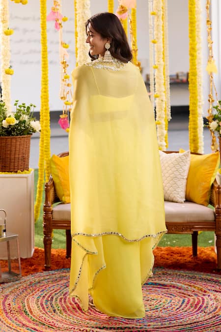 Shop Label Sanya Gulati Yellow Georgette, Silk Organza Pearls, Embroidered Cape Draped Skirt Set at Aza Fashions Shop_Label Sanya Gulati_Yellow Georgette, Silk Organza Pearls, Embroidered Cape Draped Skirt Set _at_Aza_Fashions