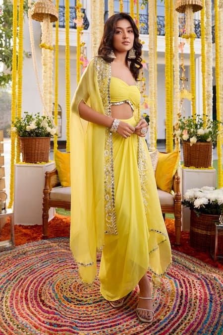 Buy Label Sanya Gulati Yellow Georgette, Silk Organza Pearls, Embroidered Cape Draped Skirt Set Online at Aza Fashions Buy_Label Sanya Gulati_Yellow Georgette, Silk Organza Pearls, Embroidered Cape Draped Skirt Set _Online_at_Aza_Fashions
