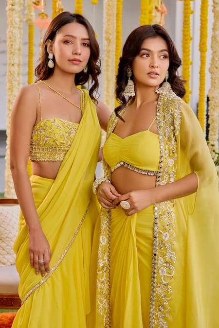 Shop Label Sanya Gulati Yellow Georgette, Silk Organza Pearls, Embroidered Cape Draped Skirt Set Shop_Label Sanya Gulati_Yellow Georgette, Silk Organza Pearls, Embroidered Cape Draped Skirt Set