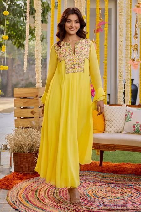 Label Sanya Gulati_Yellow Georgette, Linen, Silk Cut Work, Embroidery Resham Kurta And Pant Set _Online_at_Aza_Fashions