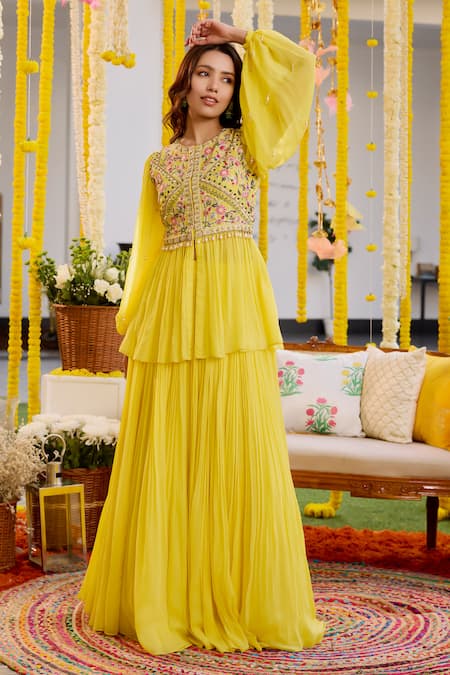 Label Sanya Gulati Yellow Georgette Sequins, Cut Work, Embroidery Round Neck Peplum Top And Skirt Set Online at Aza Fashions Label Sanya Gulati_Yellow Georgette Sequins, Cut Work, Embroidery Round Neck Peplum Top And Skirt Set _Online_at_Aza_Fashions