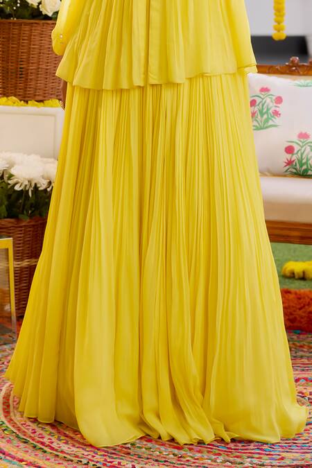Buy Label Sanya Gulati Yellow Georgette Sequins, Cut Work, Embroidery Round Neck Peplum Top And Skirt Set Online at Aza Fashions Buy_Label Sanya Gulati_Yellow Georgette Sequins, Cut Work, Embroidery Round Neck Peplum Top And Skirt Set _Online_at_Aza_Fashions