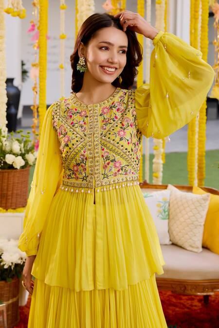 Shop Label Sanya Gulati Yellow Georgette Sequins, Cut Work, Embroidery Round Neck Peplum Top And Skirt Set Online at Aza Fashions Shop_Label Sanya Gulati_Yellow Georgette Sequins, Cut Work, Embroidery Round Neck Peplum Top And Skirt Set _Online_at_Aza_Fashions