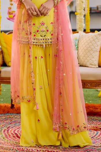 Label Sanya Gulati_Yellow Net, Georgette Sequins, Embroidery, Cut Work Resham Kurta Sharara Set _Online_at_Aza_Fashions
