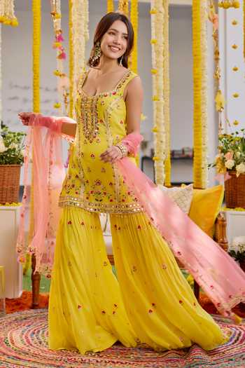 Buy_Label Sanya Gulati_Yellow Net, Georgette Sequins, Embroidery, Cut Work Resham Kurta Sharara Set _Online_at_Aza_Fashions