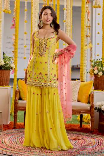 Shop_Label Sanya Gulati_Yellow Net, Georgette Sequins, Embroidery, Cut Work Resham Kurta Sharara Set _Online_at_Aza_Fashions