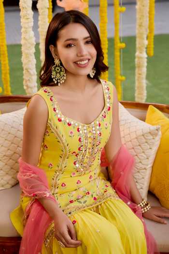 Label Sanya Gulati_Yellow Net, Georgette Sequins, Embroidery, Cut Work Resham Kurta Sharara Set _at_Aza_Fashions