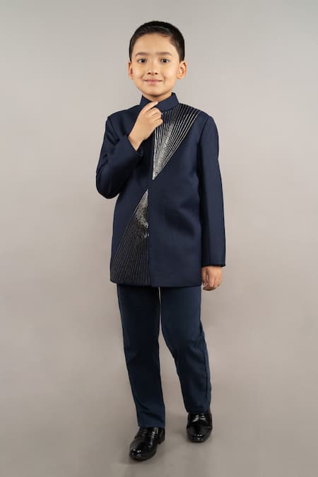 Little Brats Blue Viscose Blend Embroidery Cutdana Prince Coat Set 
