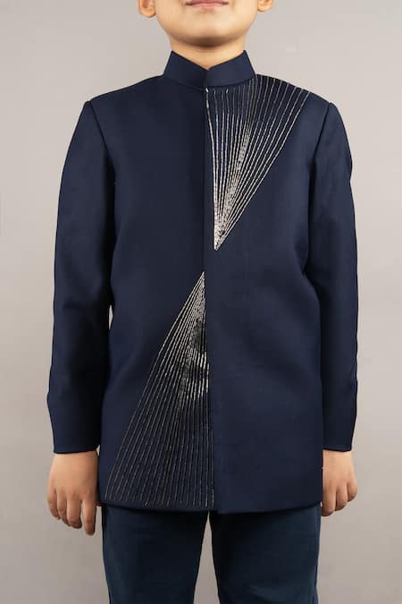 Little Brats_Blue Viscose, Satin Cut Work Cutdana Embroidered Prince Coat Set _Online_at_Aza_Fashions