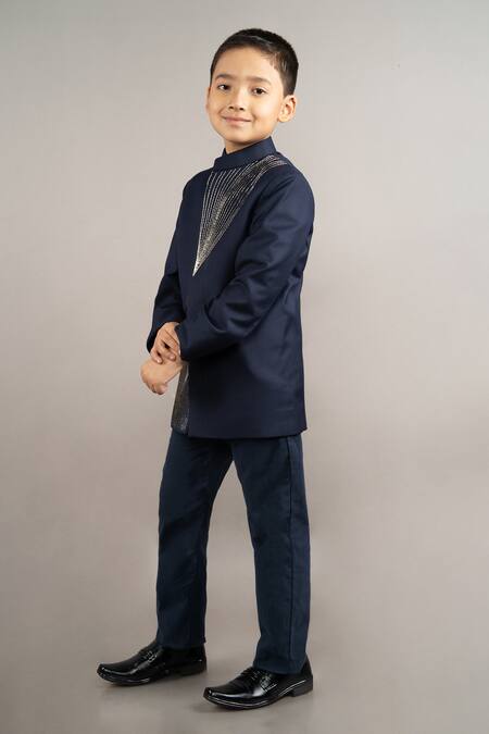 Buy_Little Brats_Blue Viscose, Satin Cut Work Cutdana Embroidered Prince Coat Set _Online_at_Aza_Fashions