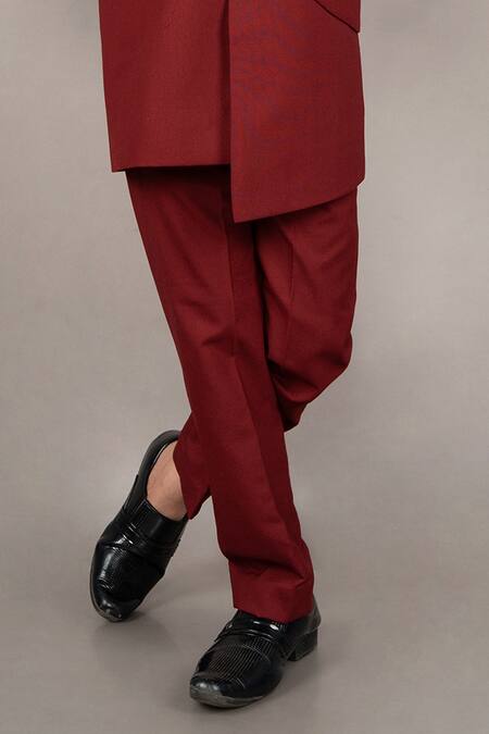 Little Brats_Maroon Viscose, Satin Cut Work Cutdana Embroidered Bandhgala Set _Online_at_Aza_Fashions