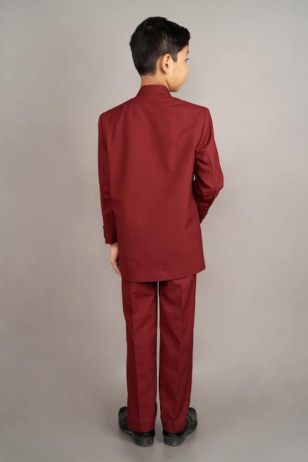 Shop_Little Brats_Maroon Viscose, Satin Cut Work Cutdana Embroidered Bandhgala Set _at_Aza_Fashions