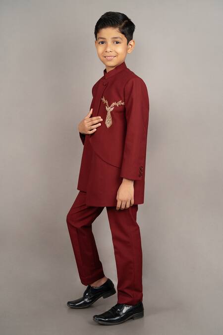 Buy_Little Brats_Maroon Viscose, Satin Cut Work Cutdana Embroidered Bandhgala Set _Online_at_Aza_Fashions