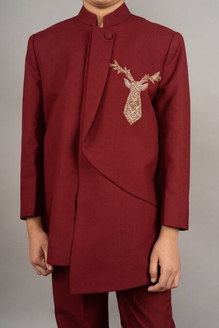 Shop_Little Brats_Maroon Viscose, Satin Cut Work Cutdana Embroidered Bandhgala Set _Online_at_Aza_Fashions