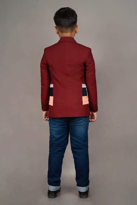 Shop Little Brats Maroon Viscose, Satin Stripe Pattern Blazer at Aza Fashions Shop_Little Brats_Maroon Viscose, Satin Stripe Pattern Blazer _at_Aza_Fashions