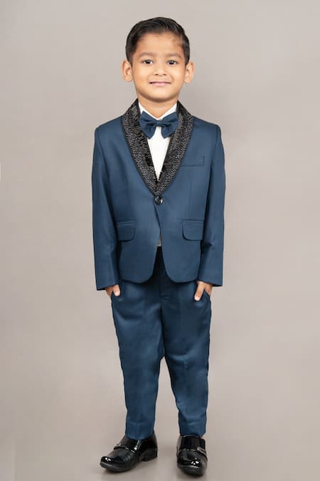 Little Brats Blue Cotton Blend Embroidery Cutdana Tuxedo Set 