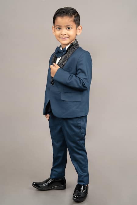 Little Brats_Blue Cotton, Satin, Viscose Beads, Cut Work Cutdana Embroidered Tuxedo Set _Online_at_Aza_Fashions