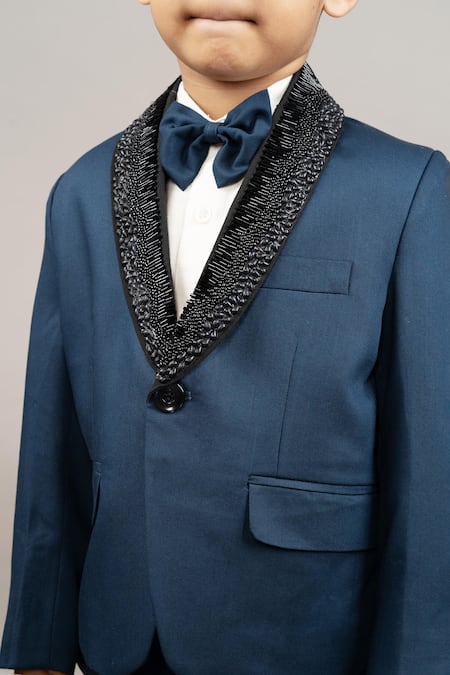 Buy_Little Brats_Blue Cotton, Satin, Viscose Beads, Cut Work Cutdana Embroidered Tuxedo Set _Online_at_Aza_Fashions