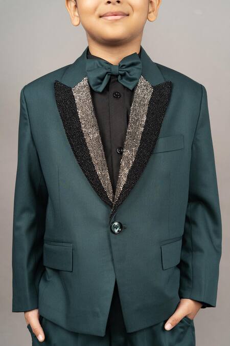 Shop_Little Brats_Green Cotton, Satin, Viscose, Polyester Cut Work, Pine Embroidered Tuxedo Set _Online_at_Aza_Fashions