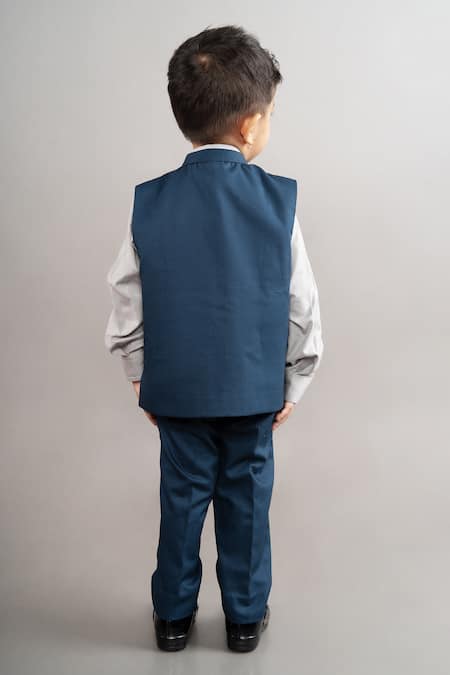 Shop Little Brats Blue , Satin Embroidery Patchwork Bundi And Shirt Set at Aza Fashions Shop_Little Brats_Blue , Satin Embroidery Patchwork Bundi And Shirt Set _at_Aza_Fashions