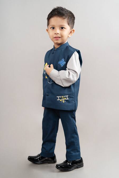 Buy Little Brats Blue , Satin Embroidery Patchwork Bundi And Shirt Set Online at Aza Fashions Buy_Little Brats_Blue , Satin Embroidery Patchwork Bundi And Shirt Set _Online_at_Aza_Fashions