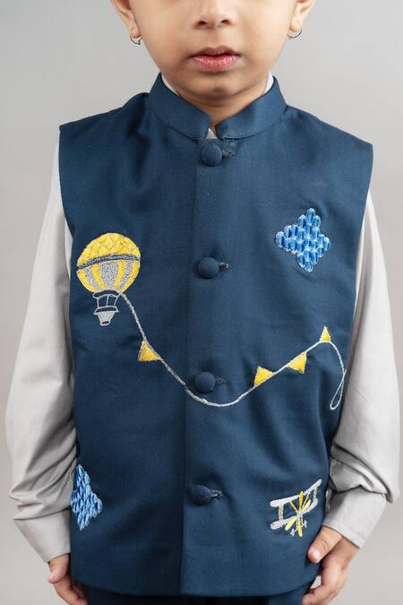Shop Little Brats Blue , Satin Embroidery Patchwork Bundi And Shirt Set Online at Aza Fashions Shop_Little Brats_Blue , Satin Embroidery Patchwork Bundi And Shirt Set _Online_at_Aza_Fashions
