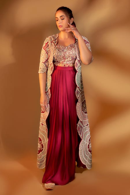 Buy_Osaa By Adarsh_Purple Silk Zari, Embroidery Open Neck, Scallop Border Jacket Draped Skirt Set_Online_at_Aza_Fashions