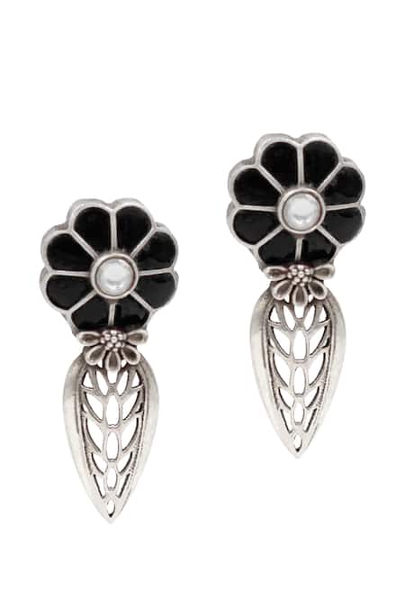 Sangeeta Boochra_Silver Plated Stones, Pearls Sanvi Onyx Floret Earrings _Online_at_Aza_Fashions