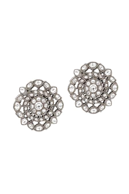 Sangeeta Boochra_Silver Plated Diamonds, Stones Olivia Fern Petal Kundan Studs _Online_at_Aza_Fashions