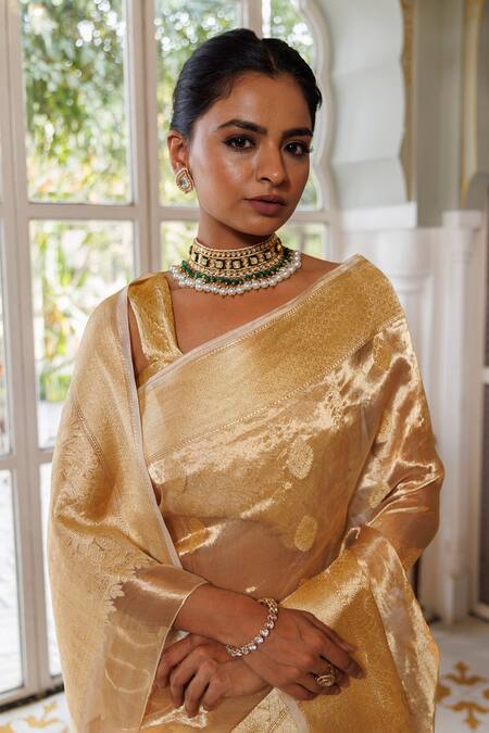 Shop_Geroo Jaipur_Gold Tissue Zari Woven Saree With Unstitched Blouse Piece_Online_at_Aza_Fashions
