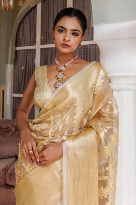 Geroo Jaipur_Gold Tissue Zari Floral Stripe Woven Saree With Unstitched Blouse Piece _at_Aza_Fashions