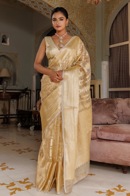 Geroo Jaipur Gold Tissue Woven Zari Floral Stripe Saree With Unstitched Blouse Piece