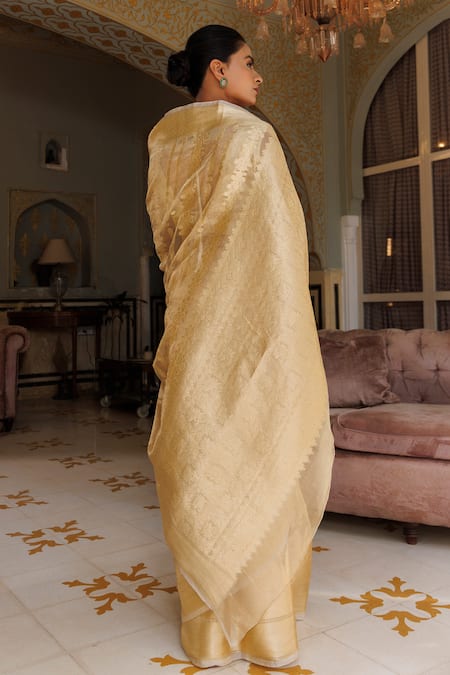 Shop_Geroo Jaipur_Gold Tissue Zari Floral Stripe Woven Saree With Unstitched Blouse Piece _at_Aza_Fashions