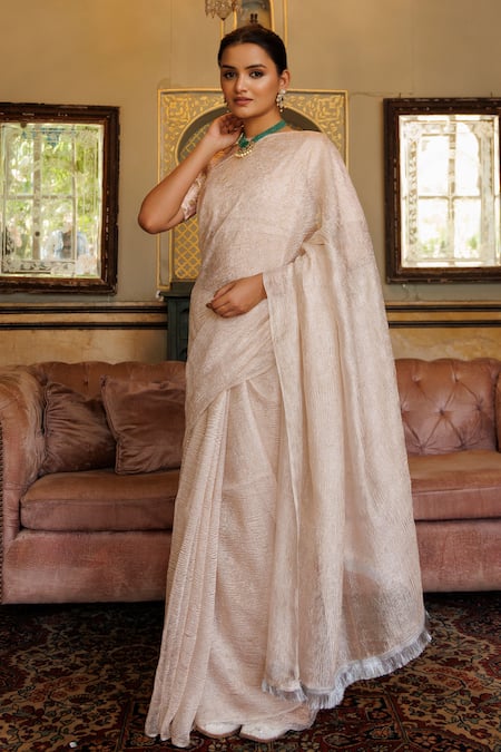 Geroo Jaipur Silver Tissue Lace Border Embellished Saree With Unstitched Blouse Piece Online at Aza Fashions Geroo Jaipur_Silver Tissue Lace Border Embellished Saree With Unstitched Blouse Piece_Online_at_Aza_Fashions