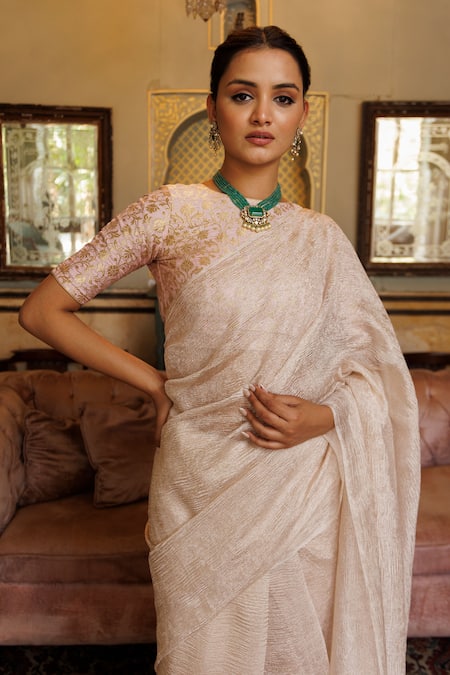 Shop Geroo Jaipur Silver Tissue Lace Border Embellished Saree With Unstitched Blouse Piece Online at Aza Fashions Shop_Geroo Jaipur_Silver Tissue Lace Border Embellished Saree With Unstitched Blouse Piece_Online_at_Aza_Fashions