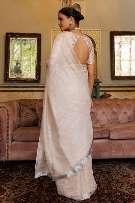 Shop Geroo Jaipur Silver Tissue Lace Border Embellished Saree With Unstitched Blouse Piece at Aza Fashions Shop_Geroo Jaipur_Silver Tissue Lace Border Embellished Saree With Unstitched Blouse Piece_at_Aza_Fashions