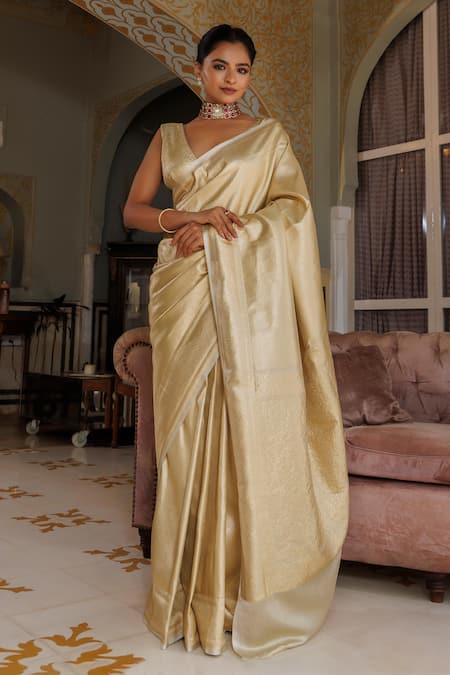 Geroo Jaipur Gold Banarasi Silk Woven Zari Saree With Unstitched Blouse Piece