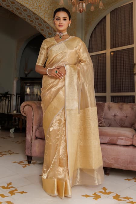 Geroo Jaipur Gold Tissue Zari Lotus Border Woven Saree With Unstitched Blouse Piece Online at Aza Fashions Geroo Jaipur_Gold Tissue Zari Lotus Border Woven Saree With Unstitched Blouse Piece _Online_at_Aza_Fashions