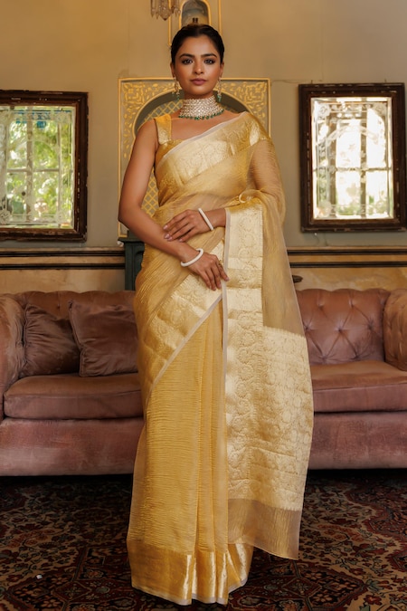 Geroo Jaipur Gold Tissue Woven Zari Lotus Border Saree With Unstitched Blouse Piece