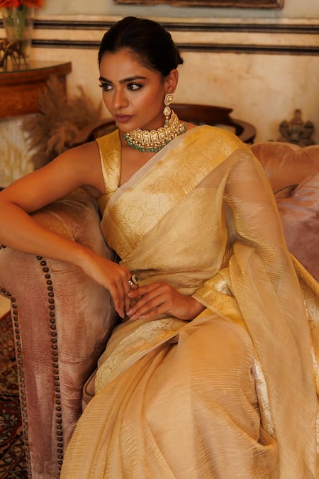 Geroo Jaipur Gold Tissue Zari Floral Vine Woven Saree With Unstitched Blouse Piece Online at Aza Fashions Geroo Jaipur_Gold Tissue Zari Floral Vine Woven Saree With Unstitched Blouse Piece _Online_at_Aza_Fashions