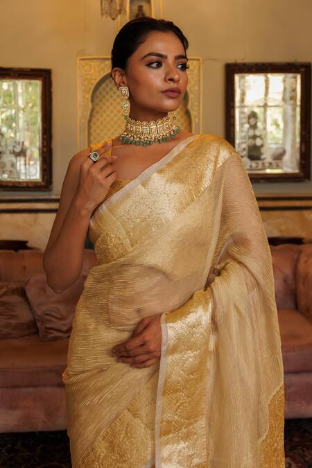 Shop Geroo Jaipur Gold Tissue Zari Floral Vine Woven Saree With Unstitched Blouse Piece Online at Aza Fashions Shop_Geroo Jaipur_Gold Tissue Zari Floral Vine Woven Saree With Unstitched Blouse Piece _Online_at_Aza_Fashions